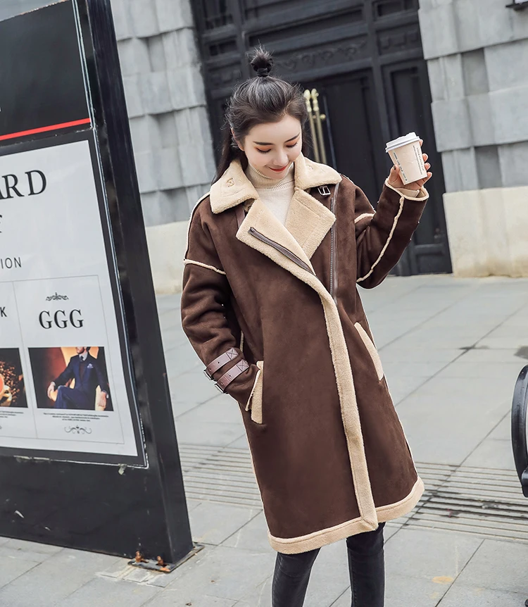 Зимнее модное женское лоскутное пальто из искусственной овечьей шерсти, женские длинные толстые теплые пальто из искусственной замши W1587