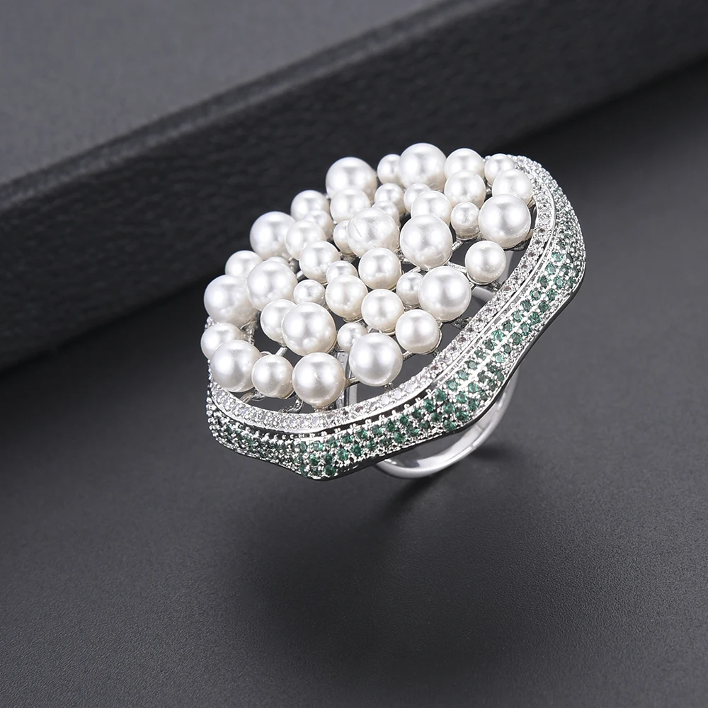 

Trendy Imitation Pearl Green Cubic Zirconia fashion jewelry ring for women Engagement Wedding Ring Finger Rings bague femme