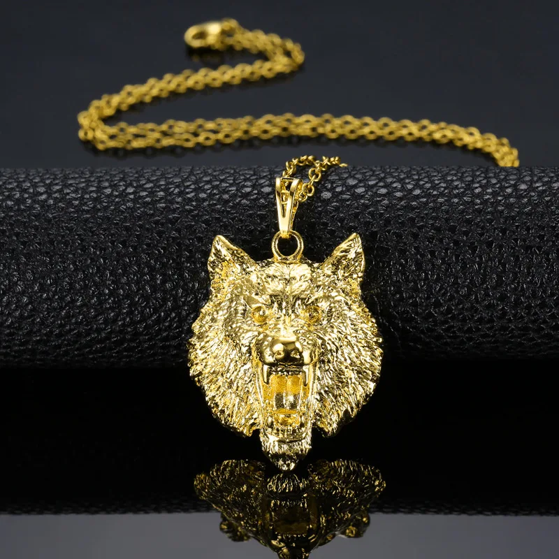 

2019 Middle East Solid Wolf Head Pendant Necklace Hip Hop/Rock Yellow Gold Filled Necklaces for Men Animal Design Jewelry