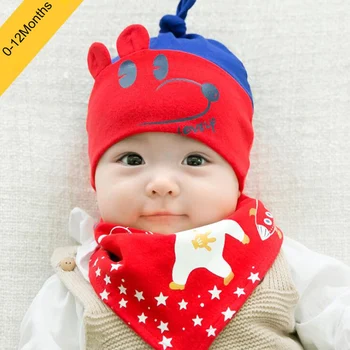 

2 Pieces / Set Newborn Baby girl boy Knitted Cotton Hat + Triangle scarf Cartoon Caps Scarves Infant Baby Autumn Winter Warm hat