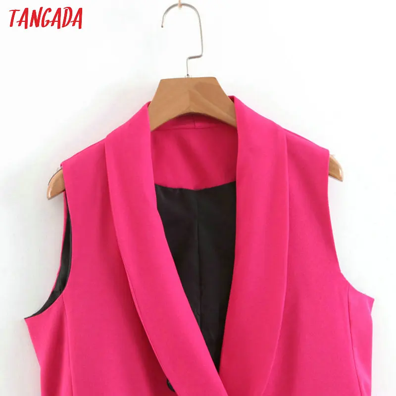 Tangada woman pockets hotpink long vest coat office ladies waistcoat sleeveless blazer double breasted outwear elegant top SL409