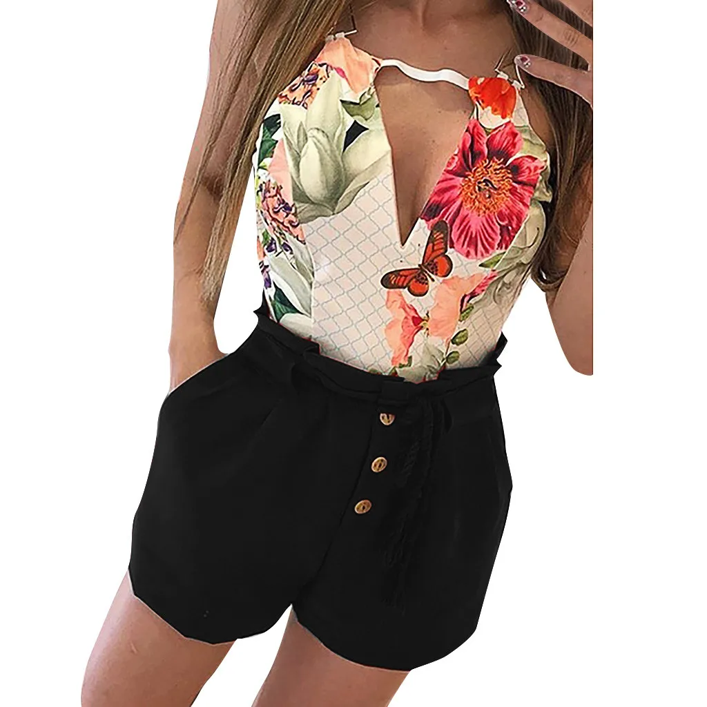 

High Waisted Shorts For Women Solid Color Button Casual Elastic Waist Short Trendy Drawstring pantalon corto mujer#1