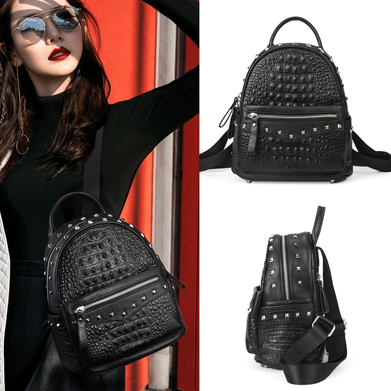 

2019 New Leather Women's Bag Crocodile Pattern Personality Women's Backpack Black Fashion Backpack