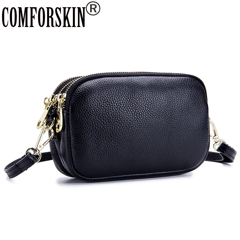

COMFORSKIN Brand Luxury Cowhide Leather Clutch Bag Large Capacity Three Zipper Linings Messenger Bag Fashion Cross-body Bag 2019