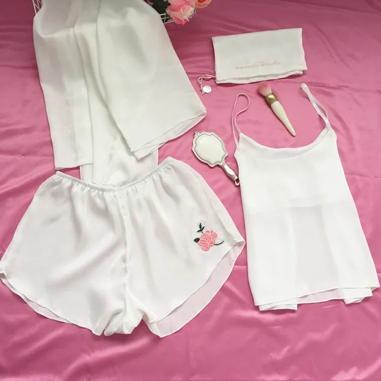 Yomrzl A445 Новое поступление, летний женский пижамный комплект из 4 предметов, комплект для сна с вышивкой розы, одежда для сна, домашняя одежда - Цвет: white