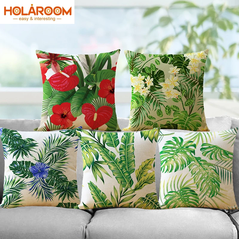 

Tropical Plants Cushion Cover Green Leaves and Flower Cushion Covers Pillows Decorative cotton Linen Pillow Case home car decor