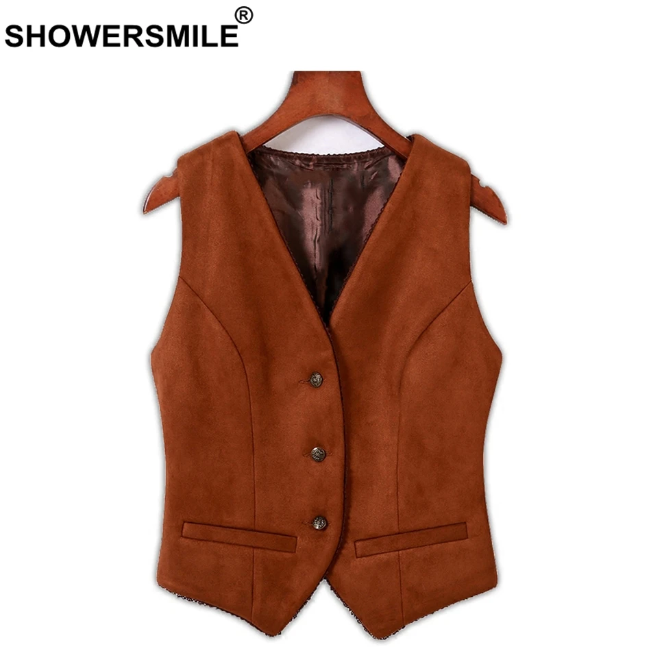 RAINIE SEAN Suede Vest Women Short Brown Slim Fit Waistcoat Vest Female Gilet V Neck Lace Spring