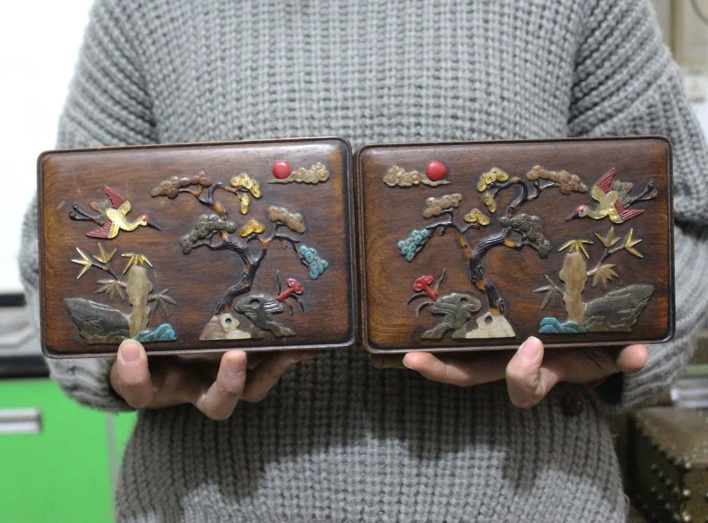 

Crafts statue Rare Chicken wing wood Inlay Shell Shoushan stone Crane Bird Pine Sun Lucky Box