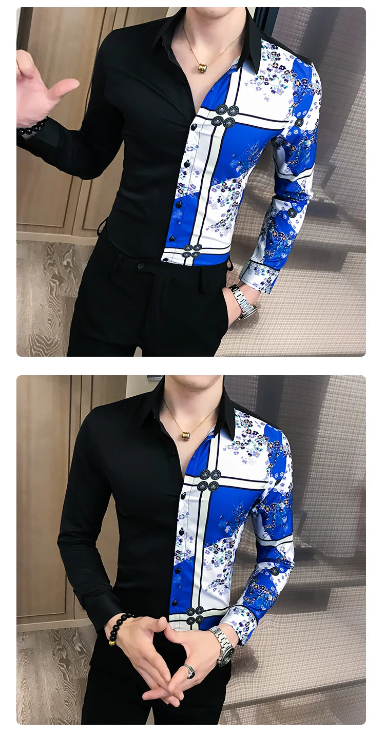 Casual Shirts Slim Fit Print Party Dress Shirt Social Autumn New Korean Spring Men Shirt Long Sleeve Patchwork Color Mens