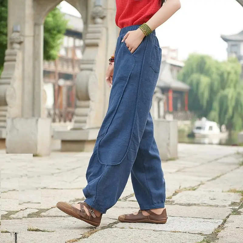 

2018 autumn new straight legged trousers with elastic waist women original ramie harem pants retro Pantalones good quality