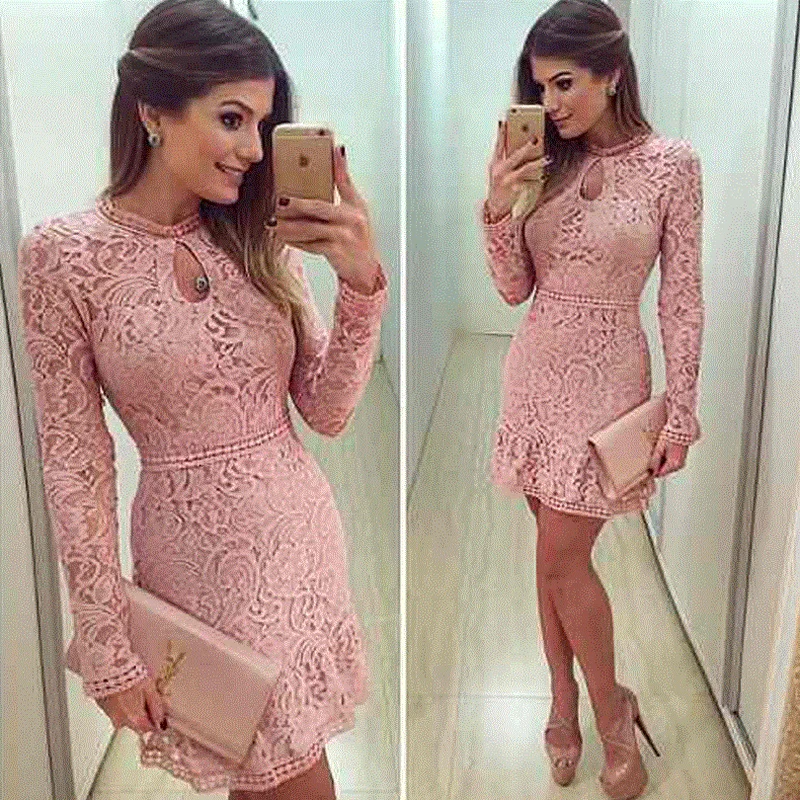 

Sexy Hollow Out Lace Dress Women Fashion O-Neck Long Sleeve Evening Party Dresses Vestidos