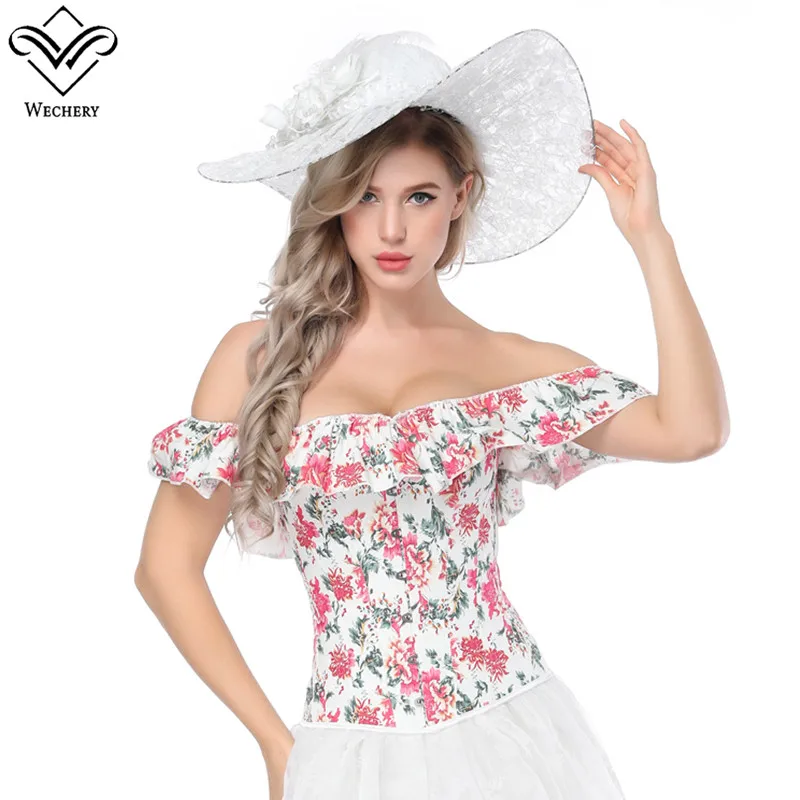Wechery Off Shoulder Corset for Women Sexy Floral Clothing Corselet Tops Womens Ruffles White and Red Lace Up Corsets Bustier