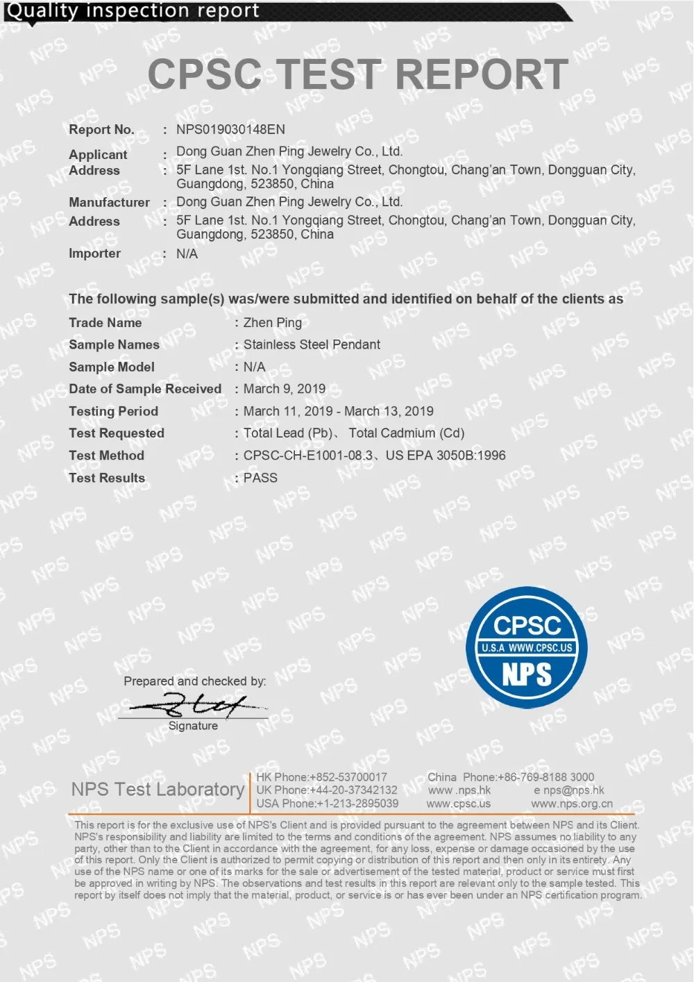 AS Stainless Steel Pendant CPSC 