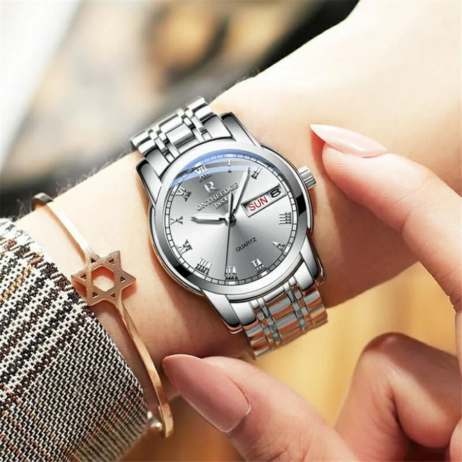 Womens silver Часы для мужчин и женщин, деловые водонепроницаемые часы с автоматической датой, серебристые стальные мужские часы, модные повседневные женские кварцевые наручные часы, Новинка - Цвет: Womens silver