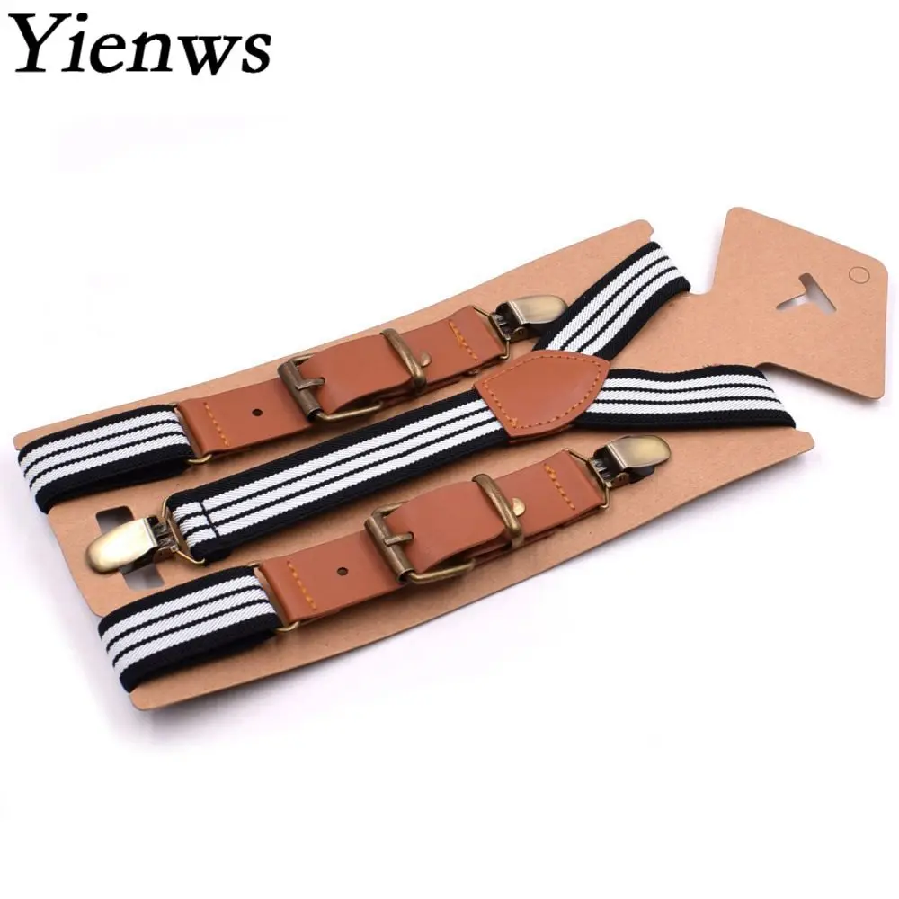 Yienws 75cm Vintage Suspenders for Boys Leather Striped Trousers Brace