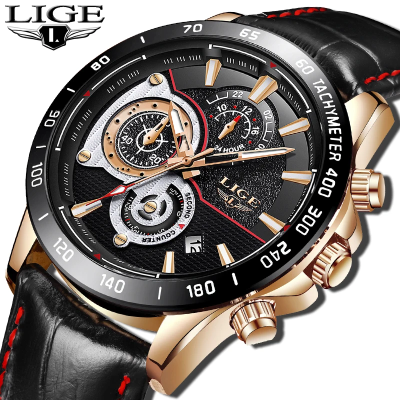 

Mens Watches LIGE Top Brand Luxury Leather Waterproof Multi-function Quartz Watch mans Military Sport Relojes Relogio Masculino