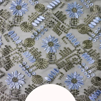 

Silver wire mesh embroidery fabric light blue geometric flower women's dress fabrics