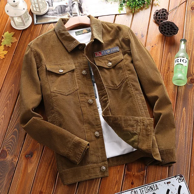 Designer Men's Corduroy Jacket Fashion Solid Turn Down Collar Overcoat