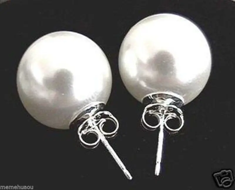 

FREE SHIPPING 10mm White south sea shell pearl silver Stud earrings AAA