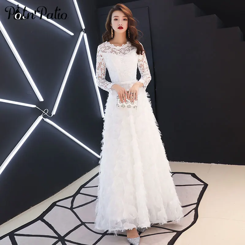 

White Feather Evening Dresses Long 2019 O-neck A-line Floor-Length Lace Long Sleeve Evening Dresses Flow Women