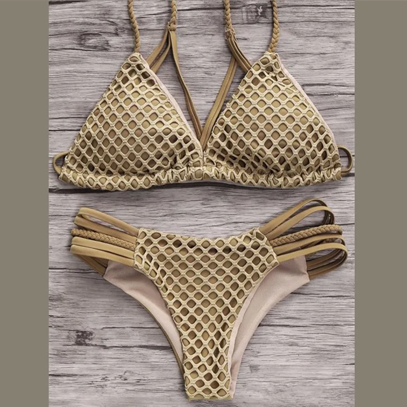 

PINK WIND Summer Khaki Mesh Grid Bikinis Women 2017 Sexy Deep V Push Up Padded Swimsuit Swimwear Bikini Set Brazilian Biquini