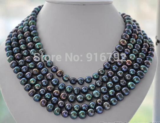 

LONG 7-8mm round PEACOCK BLACK Freshwater pearl necklace 100inch
