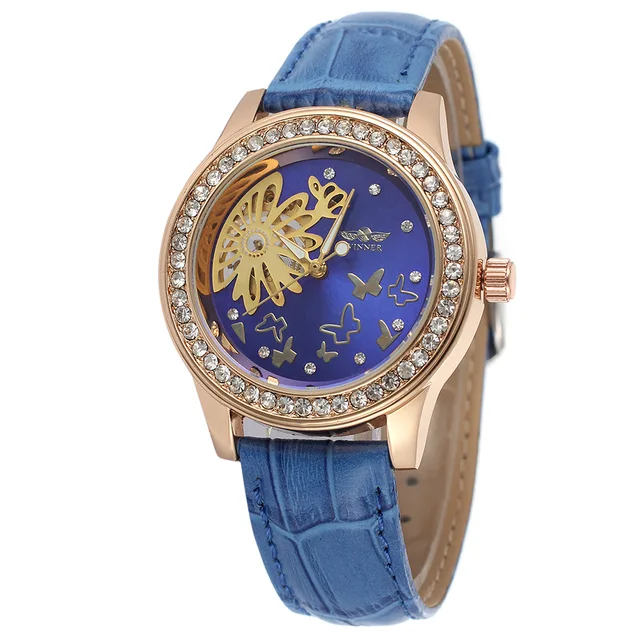 Hot Sale Butterfly Design Women's Diamonds Watches Hand Wind Up Mechanical Watch Ladies Skeleton