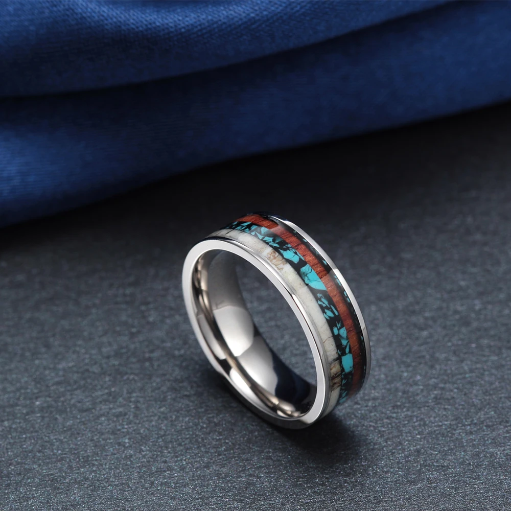 8mm Vintage Wood Antlers Inlay Titanium Ring Engagement Rings For Women Men Wedding Band Fashion Love Ring Jewelry anillos mujer