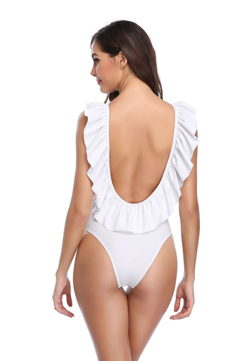 

Female Fashion Ruffle Sexy Backless One Piece Swimsuit White Black Solid Models 2019 New Flying Side Frill Swimwear Women