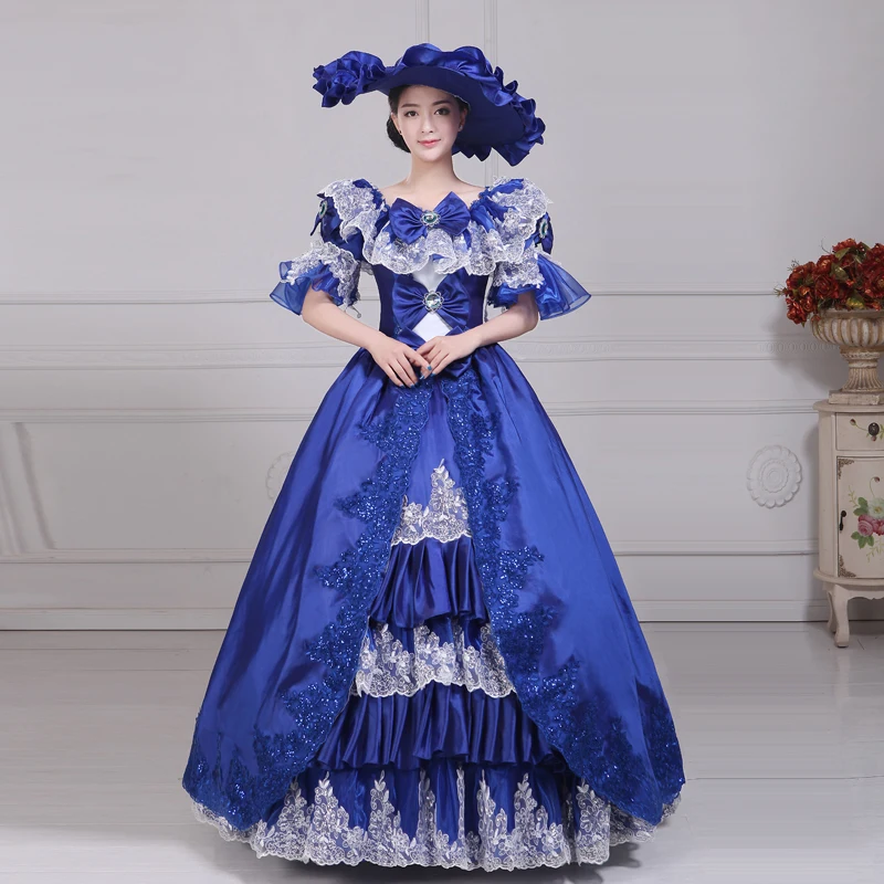 

2017 Newest Short Sleeves Blue Embroidery Lace Southern Belle Party Ball Gowns Medieval Marie Antoinette Princess Dress