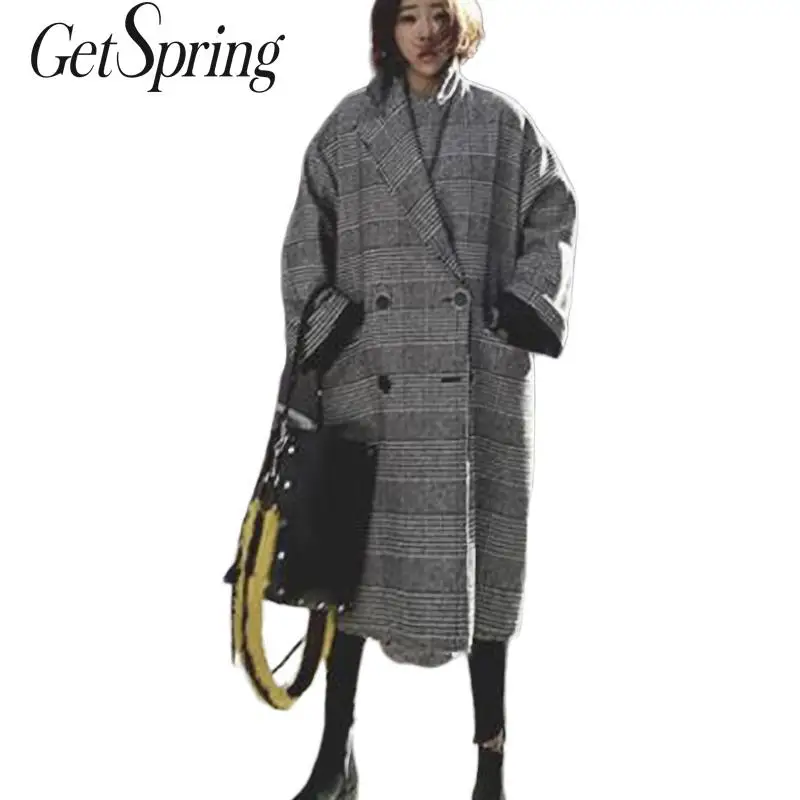 Женское шерстяное пальто GetSpring в шотландскую клетку свободный крой удлиненное