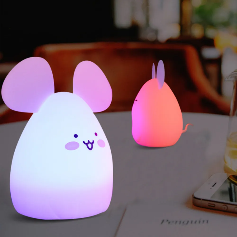 Cartoon Mouse Cat LED Night Light Touch Sensor Remote Control 9 Colors Dimmable Timer USB Silicone Lamp for Children Kids Baby
