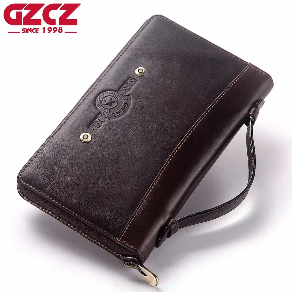 

GZCZ New Male Clutch Vintage Genuine Leather Men's Wallet High Quality Zipper Purse Clamp For Money Cell Phone Pocket Money Bag