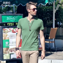 Enjeolon брендовая летняя Новинка, Футболка мужская с коротким рукавом и v-образным вырезом, хлопок, повседневная, приталенная, подходит размера плюс, Мужская футболка T1401
