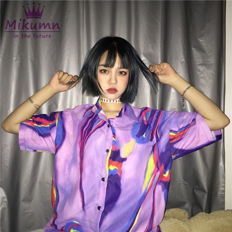 

Blusas Femininas 2019 Summer Harajuku Blouse Shirts Women Laser Colorful Print Short Sleeve Casual Loose Female Blouse Tops