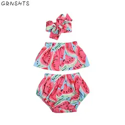 GRNSHTS/милый комплект одежды из 3 предметов для маленьких девочек с принтом арбуза, с открытыми плечами и рюшами в виде лотоса, RomperTop + короткие