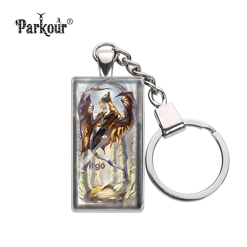 

12 Zodiac Dragon Keychain Glass Cabochon New Design 12 Constellations Dragon Key Chains Glass Dome Key Ring Jewelry Key Holder