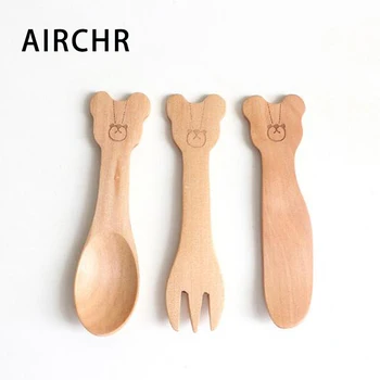 

Super Cute Kids Wooden Tableware 30pcs(10 Sets) Spoon Fork Knife Cartoon Bear Reusable Kids Cutlery Set Kitchen Child