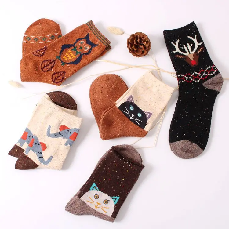 Винтажные толстые носки из кроличьей шерсти для женщин и девушек, ретро зимние носки в стиле Харадзюку С Изображением Животных, совы, оленя, кота, слона, брендовые милые хлопковые носки