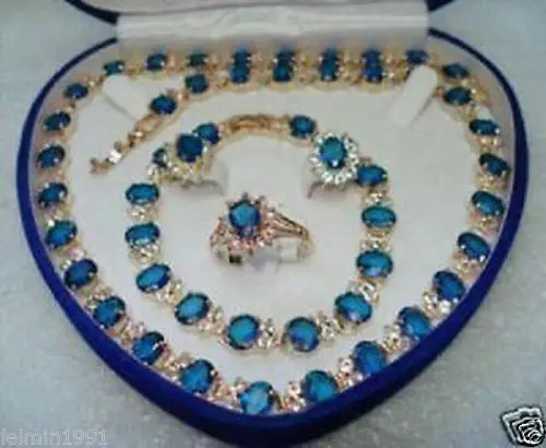 Yellow Gold GP Blue Stone font b Sapphire b font Set Necklace Bracelet Earrings font b