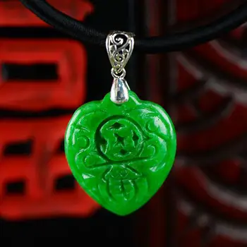 

925 Sterling Silver Natural Green Jade Pendants Heart Shape Chinese Coin Engraved Amulet Thai Silver Pendant Rolling Money