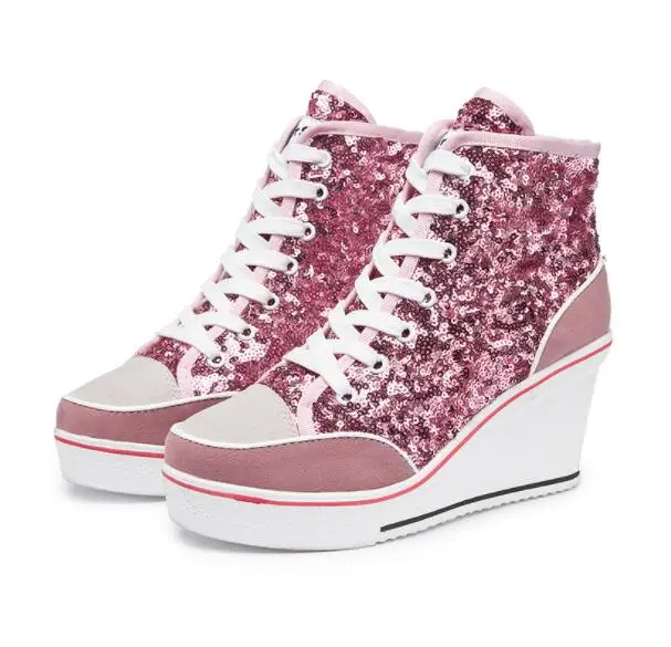 

Height Increasing Wedges Lace Up Flats Casual Ankle High Top Sliver Canvas Shoes Glitter Sequins High Top Women Shoes Plue Size