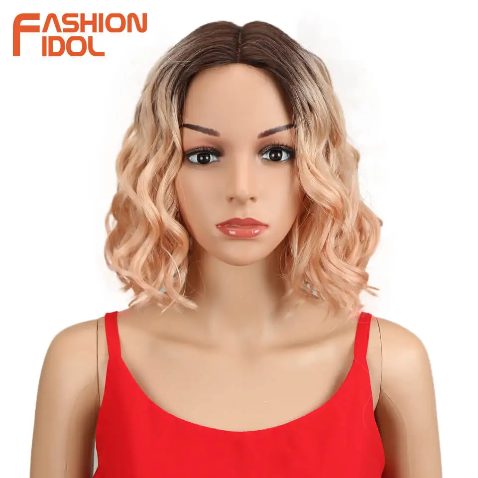 

FASHION IDOL 12 Inch Synthetic Wig Cosplay Short Bob Lace Front Wig Ombre Blonde Pink Wavy Synthetic Hair Wigs For Black Women