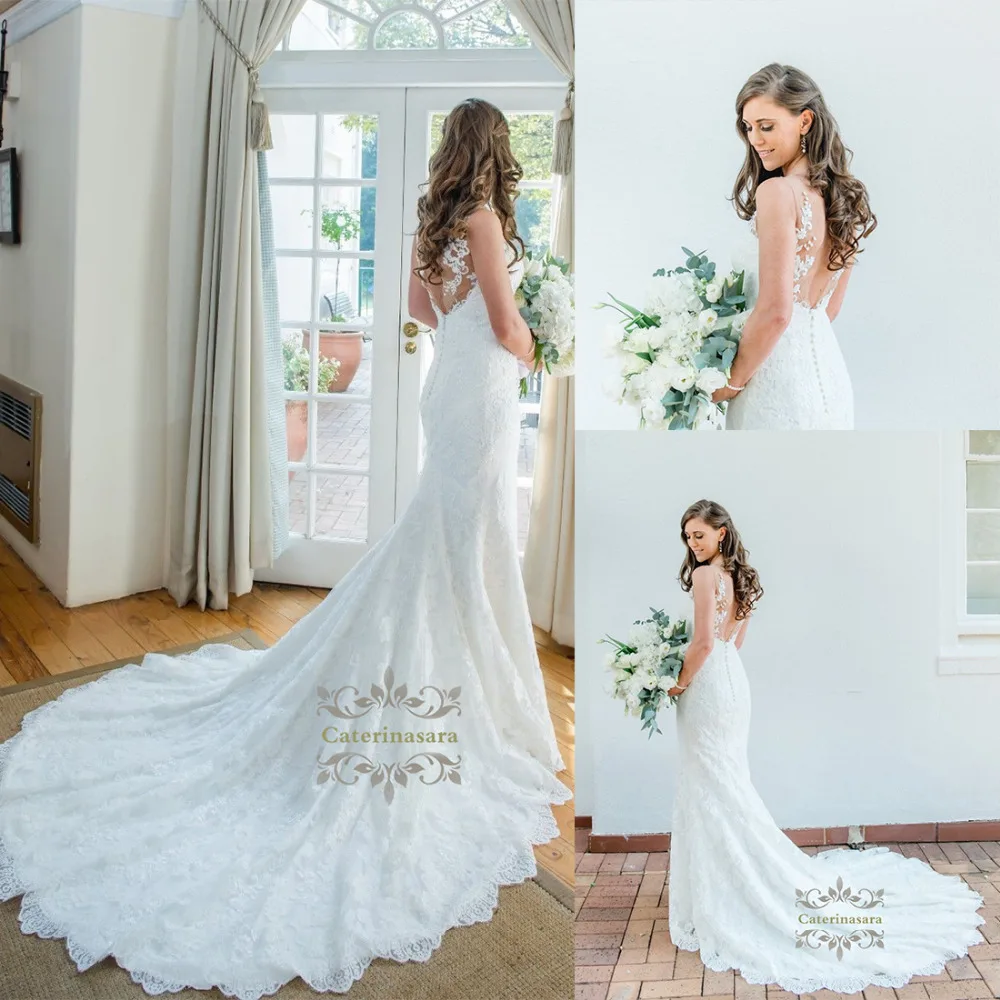 

Intelligent Sleeveless 2019 Lace Wedding Dress Mermaid Train Bride Gown Girl Bridal Party Design Fishtail Illsusion Trumpet Back