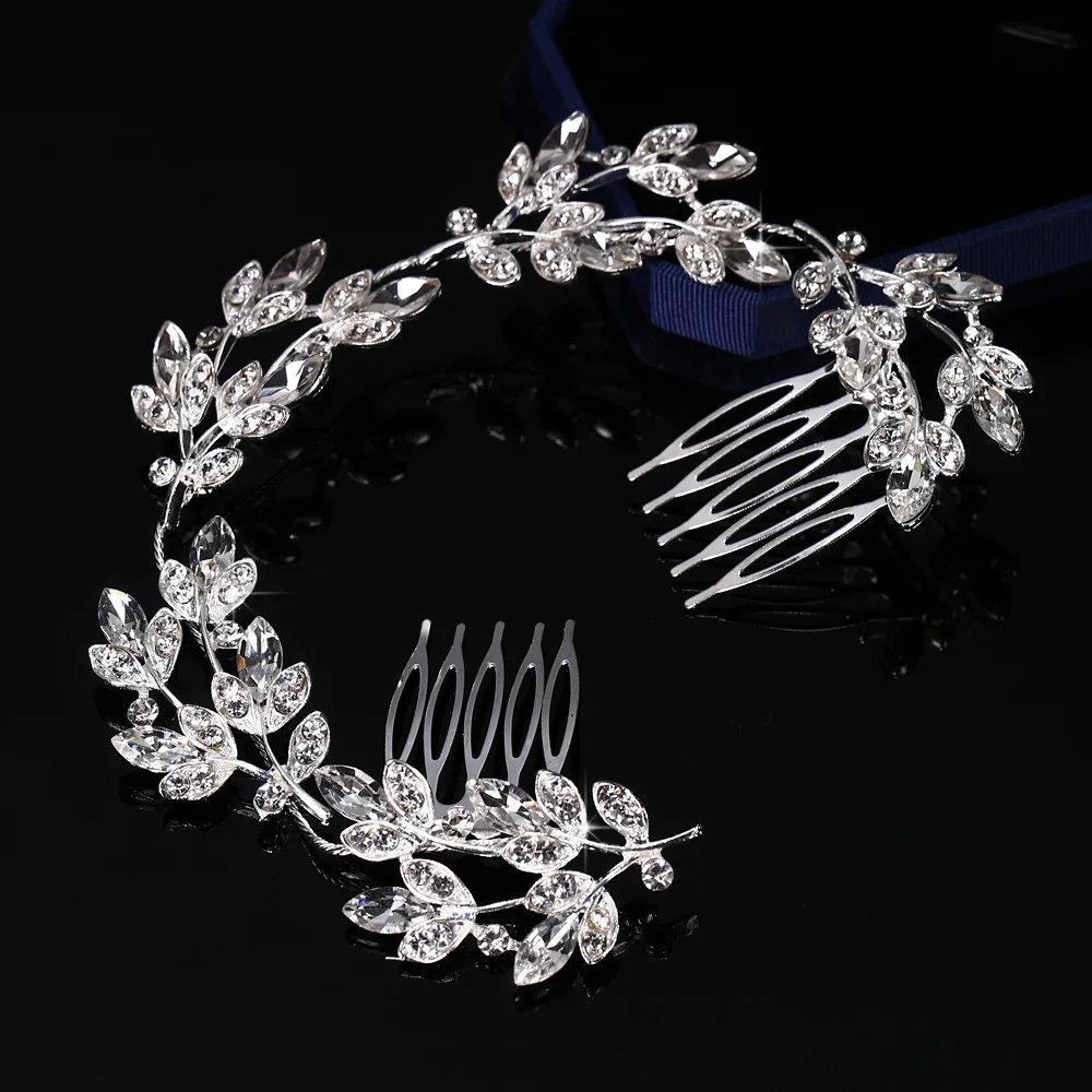 Popular flower leaves luxurious bride long head ornament alloy full drill Comb Wedding bride silver plated hair accessories