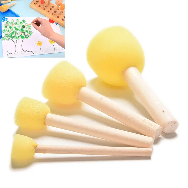 4pc/lot Yellow Sponge Paint Brush Seal Wooden Handle Children's Painting Tool Graffiti Kids Diy Doodle Drawing Toys | Игрушки и