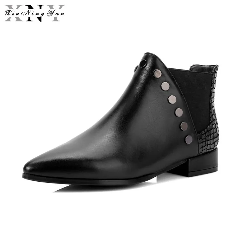 

XiuNingYan Genuine Leather Women Ankle Boots for Chelsea Boots Pointed Toe Shoes Woman Bootie Botas Femininas Big Size 34-42