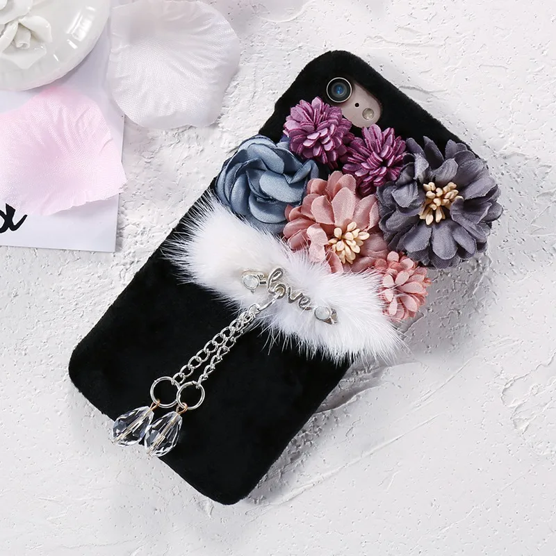 Black KISSCASE цветок плюшевый чехол для iPhone 6 s 6 7 8 роскошный сверкающий чехол с кристаллами норки мех пушистые Чехлы для iPhone 6 8 7 6s плюс Жесткий ПК крышка - Цвет: Black