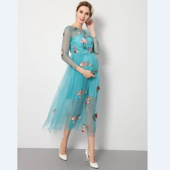 

2017 Fashion Blue Embroidered Dress Pregnancy Photo Shoot Beach Dress Maternity Dress Pregnant Photography Props Fancy Clothing