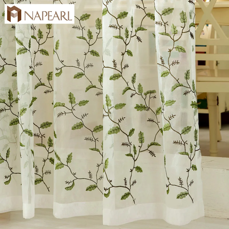 

Embroidered organza sheer curtain tulle fabrics leaves transparent bedroom living room window drapes modern curtain blue green